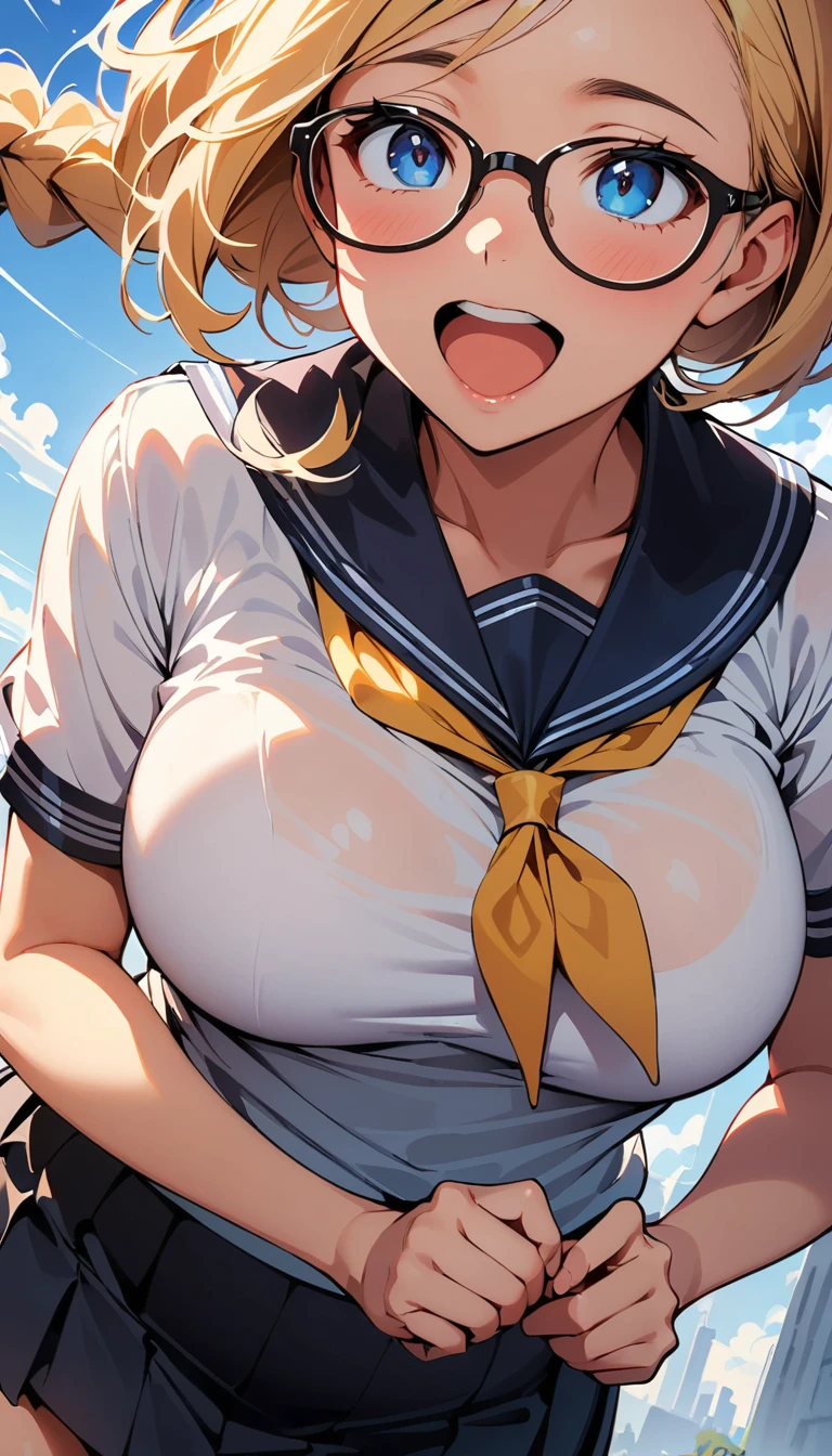 (high quality, 8k, 4K, High Contrast, masterpiece:1.2, 最high quality, Best aesthetics), (Dynamic Angle), ((1 female)), , sexy, ure Bo, , Braiding, Glasses, sexyな唇, Excitedhairman, Sailor suit:1.2, Open your mouth,Looking up at the sky