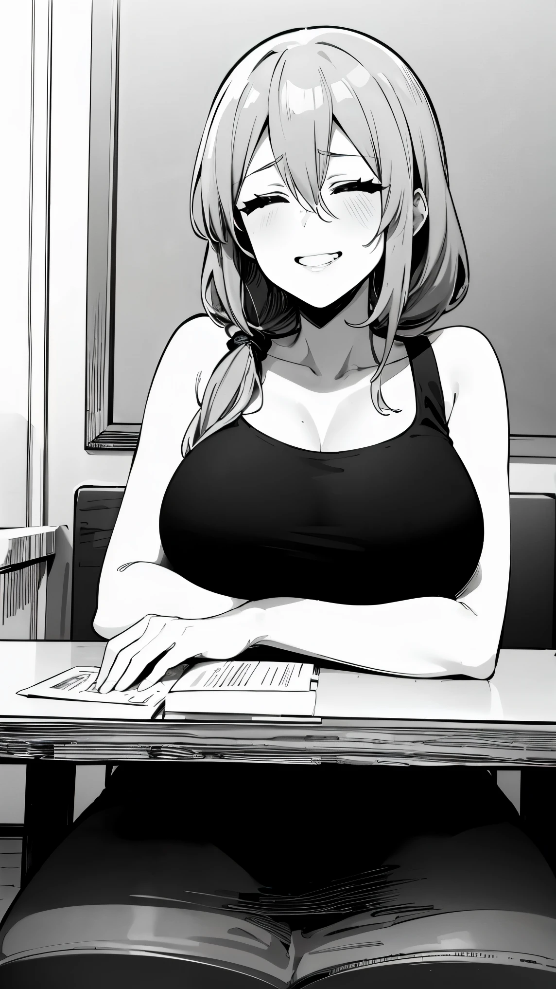 anime girl sitting at a table with her hands folded over her shoulder, cool shading, detailed manga style, black and white manga panel, simple shading, female protagonist 👀 :8, holding a sword on her shoulder, anime shading), roguish smirk, black and white manga style, black and white manga page, striking manga artstyle, teasing smile, 1girl, uzakitsuki, grey hair, hair between eyes, hair over shoulder, closed eyes, mature female, large breasts, 