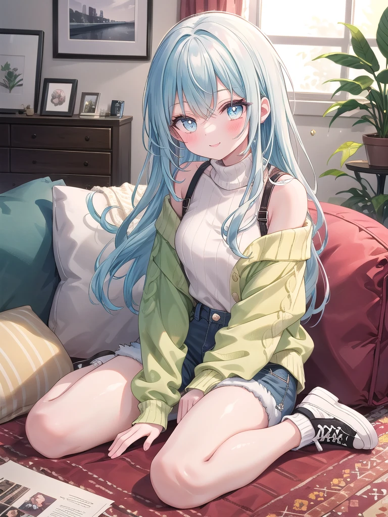 ((8k, best quality, master piece: 1.3)),super high resolution,(1 girl, solo), (colorshift eyes, hyperdetailed, expressive sparkling, glitter, glowing eyes), ultra detailed eyes, ultra-detailed face, random hair, ((pastel color)),A woman sitting cutely in a split-legged seat. The background is a living room with a calm interior, decorated in warm, natural colors. The walls of the room are cream-colored, and soft natural light pours in through the window, brightening the entire room. A fluffy rug is laid out in the center of the living room, and a sofa is placed on top of it. There are several colorful cushions on the sofa. The woman is dressed in a simple, yet casual outfit that accentuates her cuteness. She is wearing a soft pink sweater, light blue denim shorts, and simple white sneakers on her feet. The sweater is a slightly loose design with ribbed cuffs and hem, giving an overall relaxed impression. The shorts are light, and complement her casual yet cute style. Her hairstyle is shoulder-length and characterized by soft, straight hair. Her hair is pastel colored and lightly curled inward. Her face has a bright smile and her eyes are large and bright, giving her an innocent and cute impression. She is posed sitting on a rug with her legs spread apart. In the wariza position, her legs are spread apart and her knees are slightly bent, balancing her body. Her hands are lightly resting on her knees, and she is relaxed in a comfortable position. The natural posture emphasizes her cuteness and sense of relaxation. In the background, there are art and posters hanging on the wall, and small plants and miscellaneous items lined up on the shelves, giving the whole room a sense of warmth and individuality. The angle of the shot is set so that her entire body is visible, and the wariza position and the interior of the living room are depicted in detail.