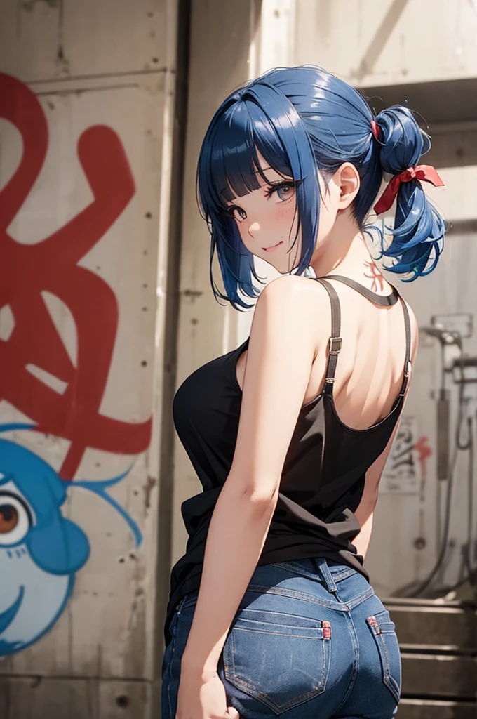 Absurd, Super detailedな,(In 8K:1.3),Masseter muscle area,(masterpiece:1.2)、(Highest quality)、4K、Super detailed、(Movement Structure:1.4)、(Shining Lights、Atmosphere lighting), High resolution, Best Quality、(One girl:1.4),Super detailedな,Bright colors、Treebreak Production Art、(Warm color light source:1.2),High-level image quality、Fine image quality、Intricate details,Volumetric Lighting,Realism BREAK、Profile、 Idol face、(16 years old:1.4)、Very beautiful face and eyes, Beautiful images、natural make up、 (shoot from below:1.4)、 (from behind:1.2)、 ( big eyes:1.2),(mascara:1.4), (Big Tits:1.4)、(curvy body:1.3)、(glossy skin :1.5)、(Baby Face:1.5)、(nice butt:1.2)、 (Swayback stance:1.2)、 (graffiti:1.4)、 (light blue hair,short hair、blunt bangs、twintails、Red ribbon:1.2)、 (black、Tank top:1.3),(detailed clothes features、Low rise jeans)、 (smirk:1.2),(is:1.3)、(leaning forward:1.1)