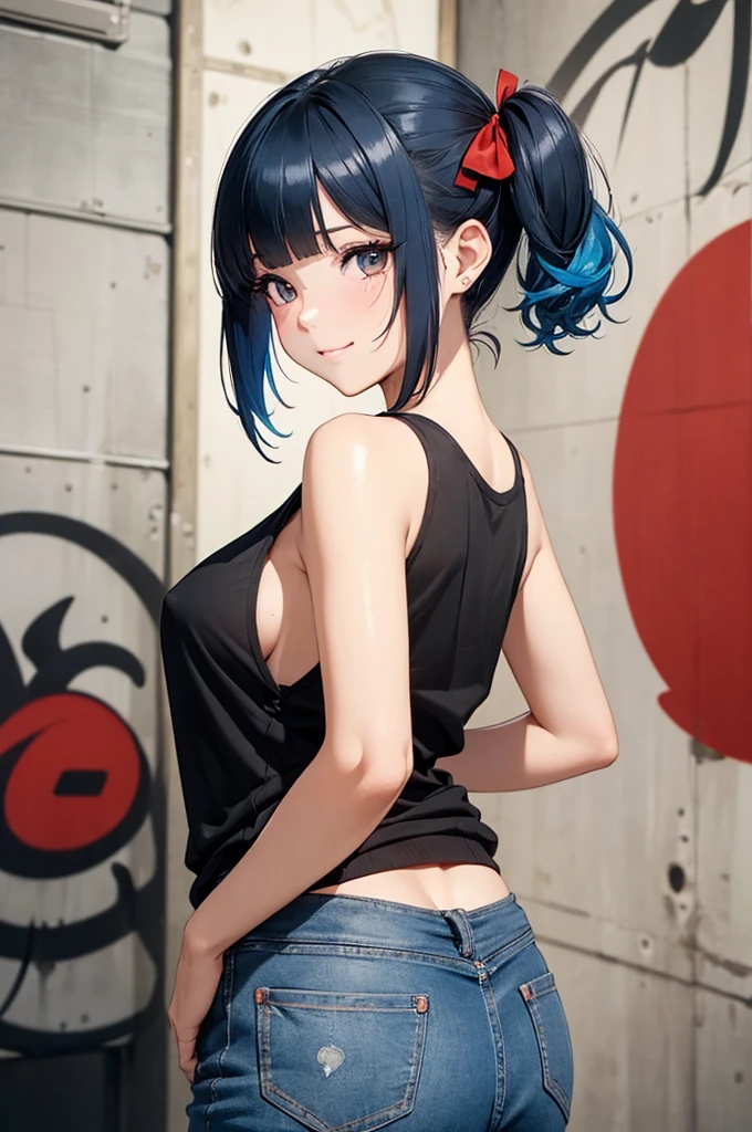 Absurd, Super detailedな,(In 8K:1.3),Masseter muscle area,(masterpiece:1.2)、(Highest quality)、4K、Super detailed、(Movement Structure:1.4)、(Shining Lights、Atmosphere lighting), High resolution, Best Quality、(One girl:1.4),Super detailedな,Bright colors、Treebreak Production Art、(Warm color light source:1.2),High-level image quality、Fine image quality、Intricate details,Volumetric Lighting,Realism BREAK、Profile、 Idol face、(:1.4)、Very beautiful face and eyes, Beautiful images、natural make up、 (shoot from below:1.4)、 (from behind:1.2)、 ( big eyes:1.2),(mascara:1.4), (Big Tits:1.4)、(curvy body:1.3)、(glossy skin :1.5)、(Baby Face:1.5)、(nice butt:1.2)、 (Swayback stance:1.2)、 (graffiti:1.4)、 (light blue hair,short hair、blunt bangs、twintails、Red ribbon:1.2)、 (black、Tank top:1.3),(detailed clothes features、Low rise jeans)、 (smirk:1.2),(is:1.3)、(leaning forward:1.1)