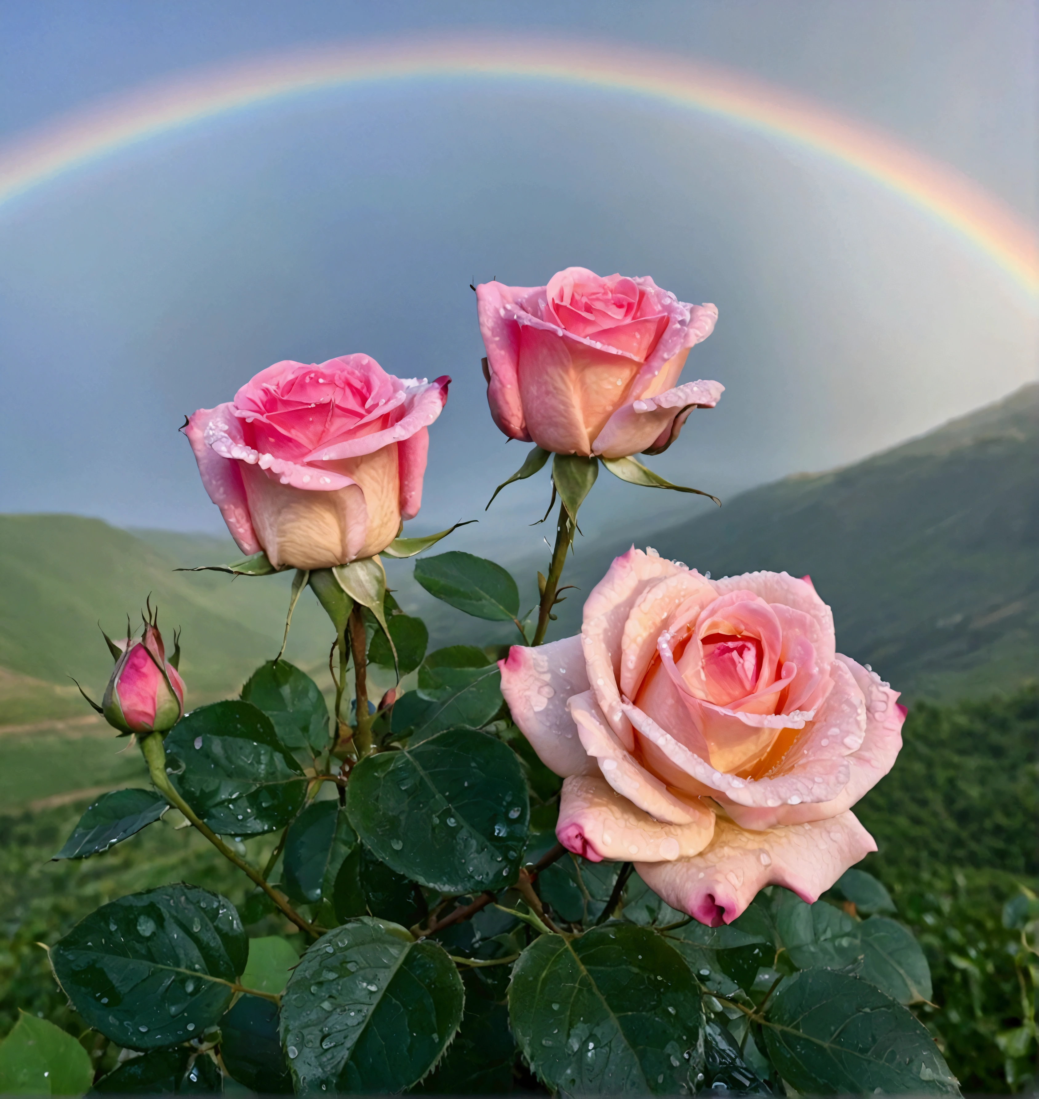 Pink rose buds with many water drops,Background with rainbow in the valley,Real photography,Fresh and natural picture,best quality, high resolution