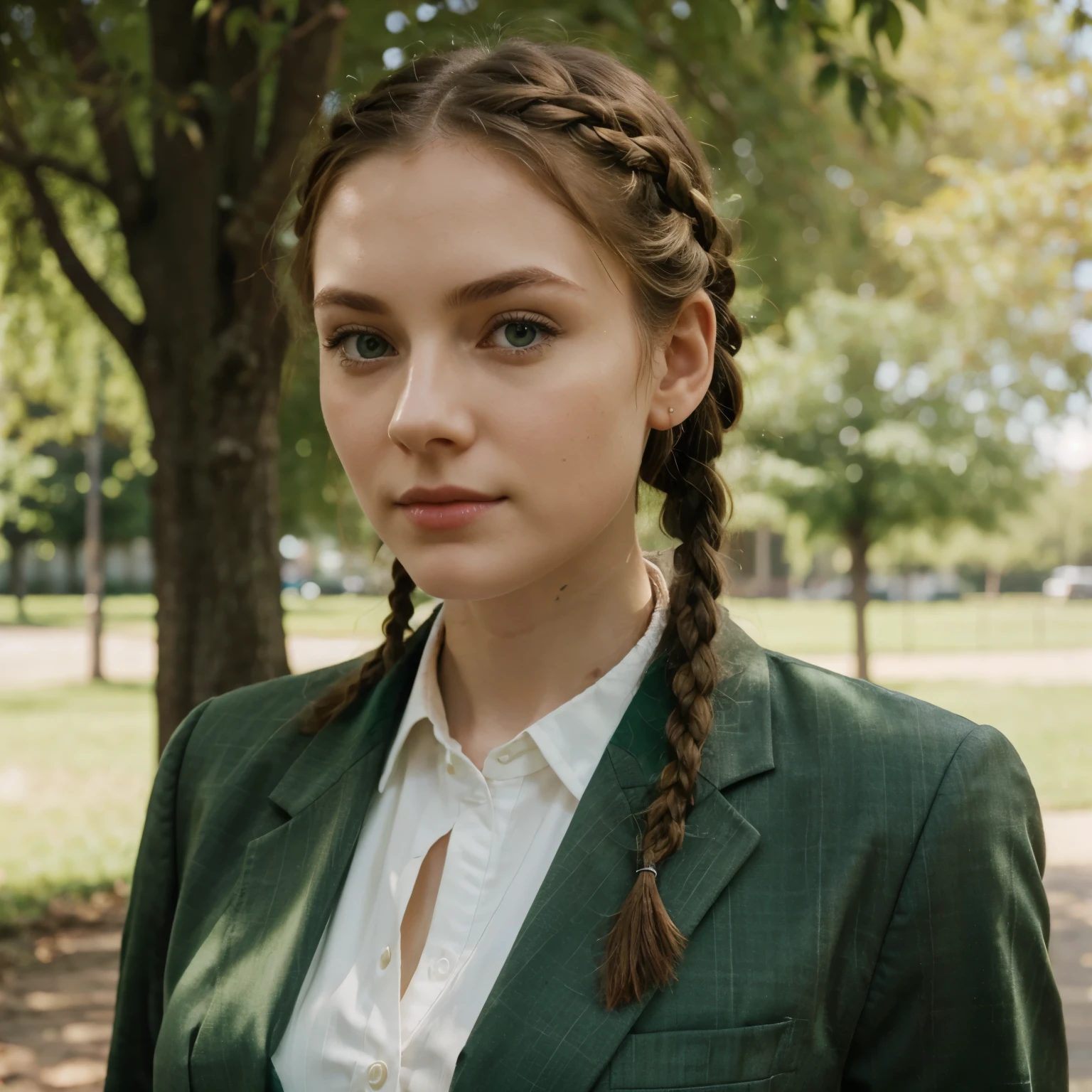 Pale girl with suit and braid hair and green eyes
