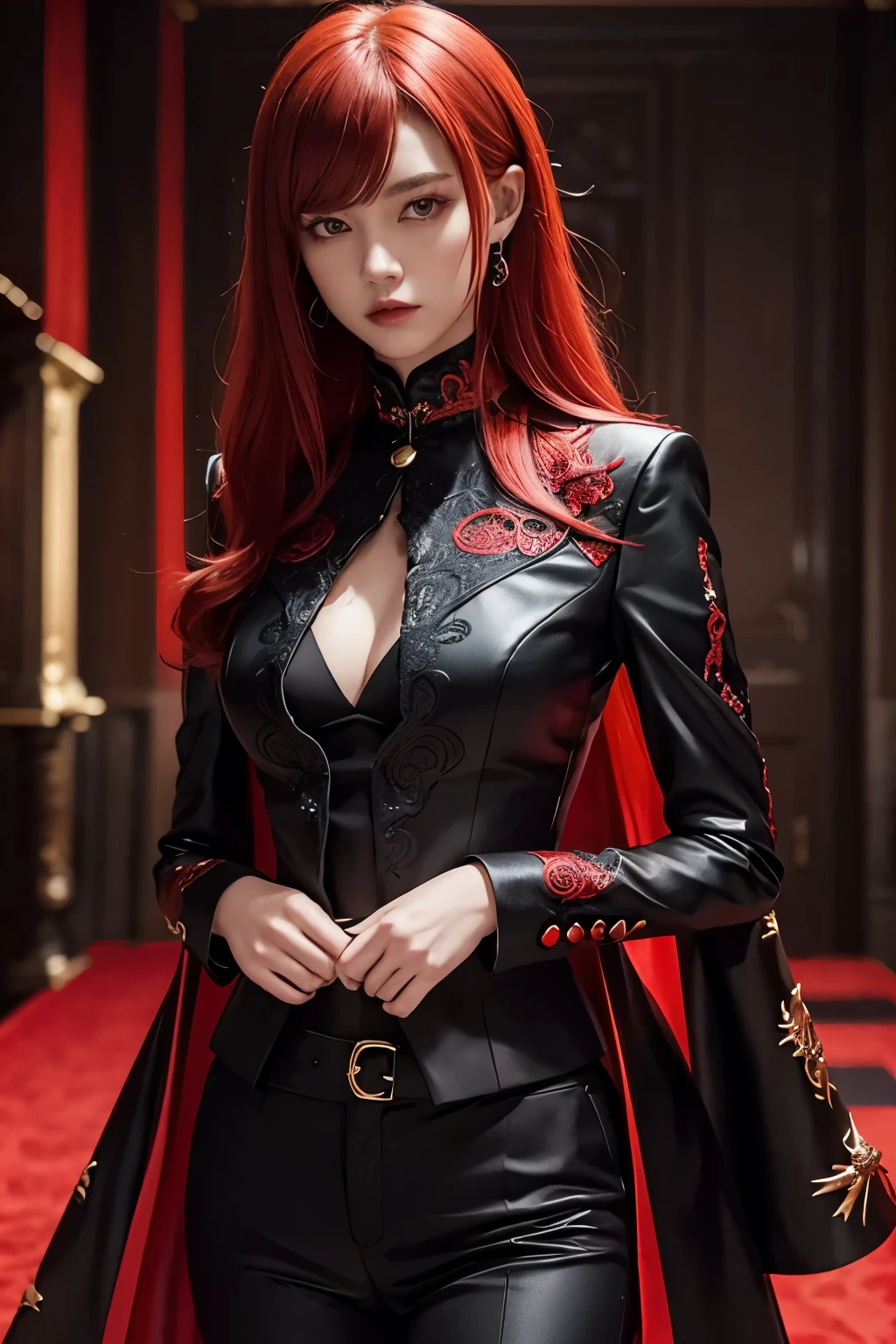 Short Caucasian demon girl with really red hair, red eyes, and striking elegant conservative red and black suit. A sleek, form-fitting red and black suit that accentuates her. Intricate patterns and embellishments that hint at her demonic nature. Melony is a demon who revels in causing horrible chaos and destruction. Suit, business suit, pants, suit, red black suit, red black pants, covers all, conservative, modest