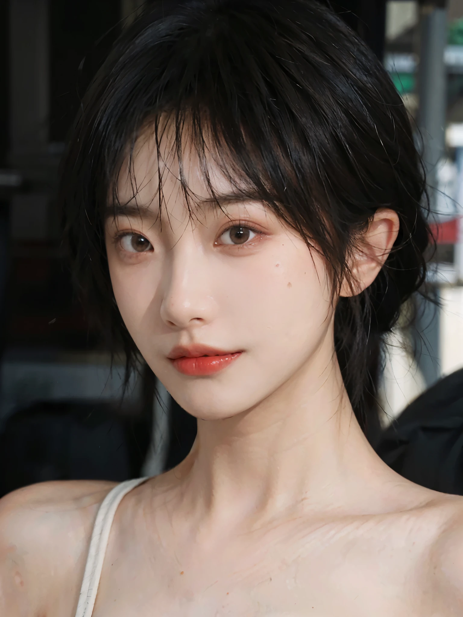 (Skin details:1.4), (smooth skin textures:1.3), (Upper body:1.4),(Upper Body:1.3)Lipstick, background, earrings, serene, calm, (Realistic and detailed eyes:1.2), Natural skin texture, Realistic facial details, Soft dramatic lighting, Vivid details, 35 mm film, outdoor, (Photo Practical:1.4), (hyper Practical:1.4), (Practical:1.3), (Smoother lighting:1.05), (Improve lighting quality:0.9), (Highest quality real skin textures:1.4), Exquisite eyes, Delicate face, Close-up of face, (Enhance the beauty of skin texture:1.1), Hair details,(Large Breasts:1.3)normal body ratio, short hair, Moles under the eyes, A faint smile,Portrait Photography, Depth of Field, Bokeh, Surrealism, Ray Tracing, (Portrait Photography:1.1), Surrealism, High Detail, Chiaroscuro, Ray Tracing, reflected light, Ultra HD, Ultra HD, masterpiece, Textured Skin, Super Detail, High Detail, high quality, best quality