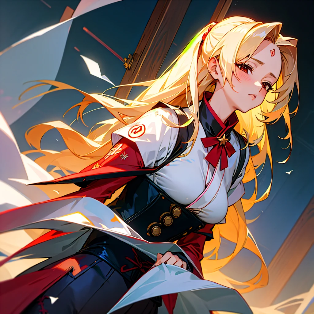 (Best quality, Masterpiece: 1.1), (devotion: 1.4), 1 Tsunade, Upper body, long hair, Five Star Hotel, Black corset, Messy clothes, panties