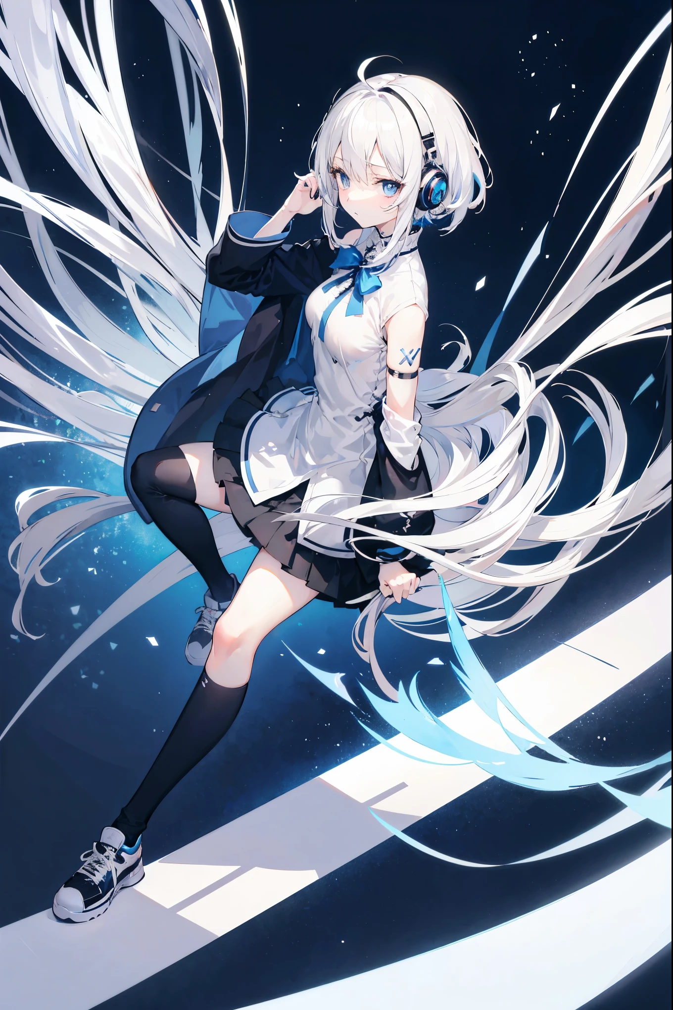 "anime girl, 1 person, silver white hair, shoulder length hair, wearing headphones, dark blue eyes, women's shirt, dark blue skirt, short skirt, long sockings, black sockings, big breasts, shy face,  full body, solo, viewed from many different angles, high quality images