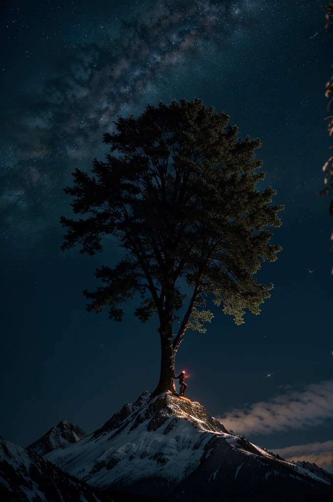 a majestic mountain in the heavens, night sky filled with twinkling stars, silhouette of a spiderman climbing a tree at the side, dramatic lighting, cinematic composition, hyperrealistic, 8k, high quality, photorealistic, vivid colors, intricate details