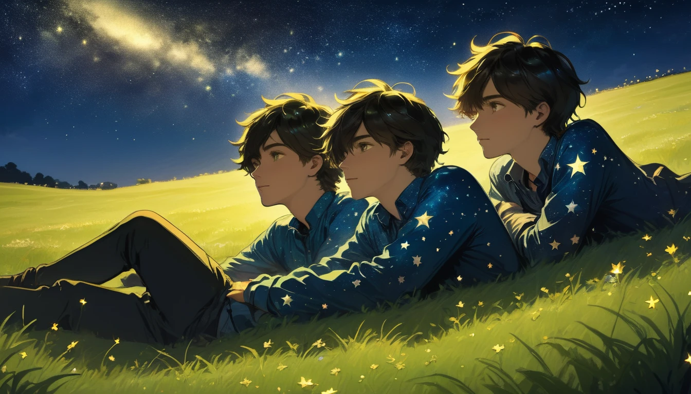 a night scene of two young men lying on a grassy field, gazing up at the starry sky, detailed facial features, beautiful night sky with glowing stars, serene atmosphere,landscape,dramatic shadow,vast view