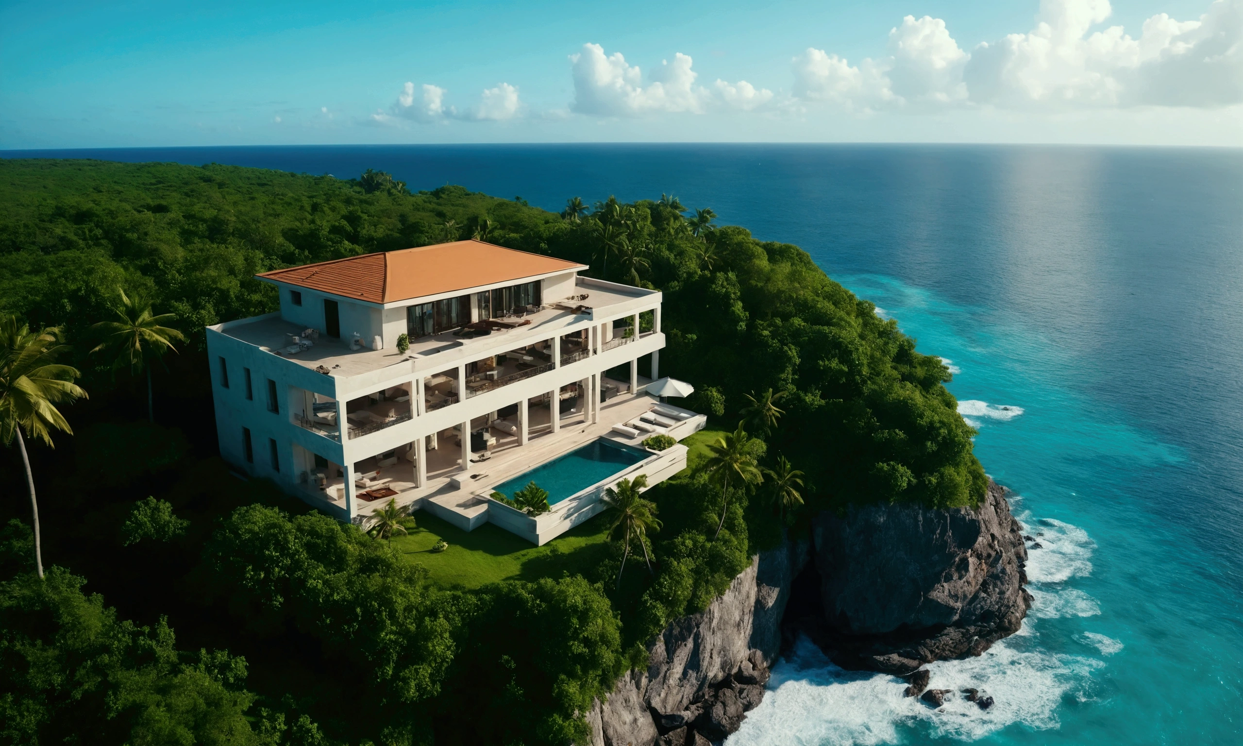 cinematic scene, drone shot of a luxurious villa located in the coast of a tropical island with view on the ocean, sunny day rap ghetto music vibe, 4k realistic
