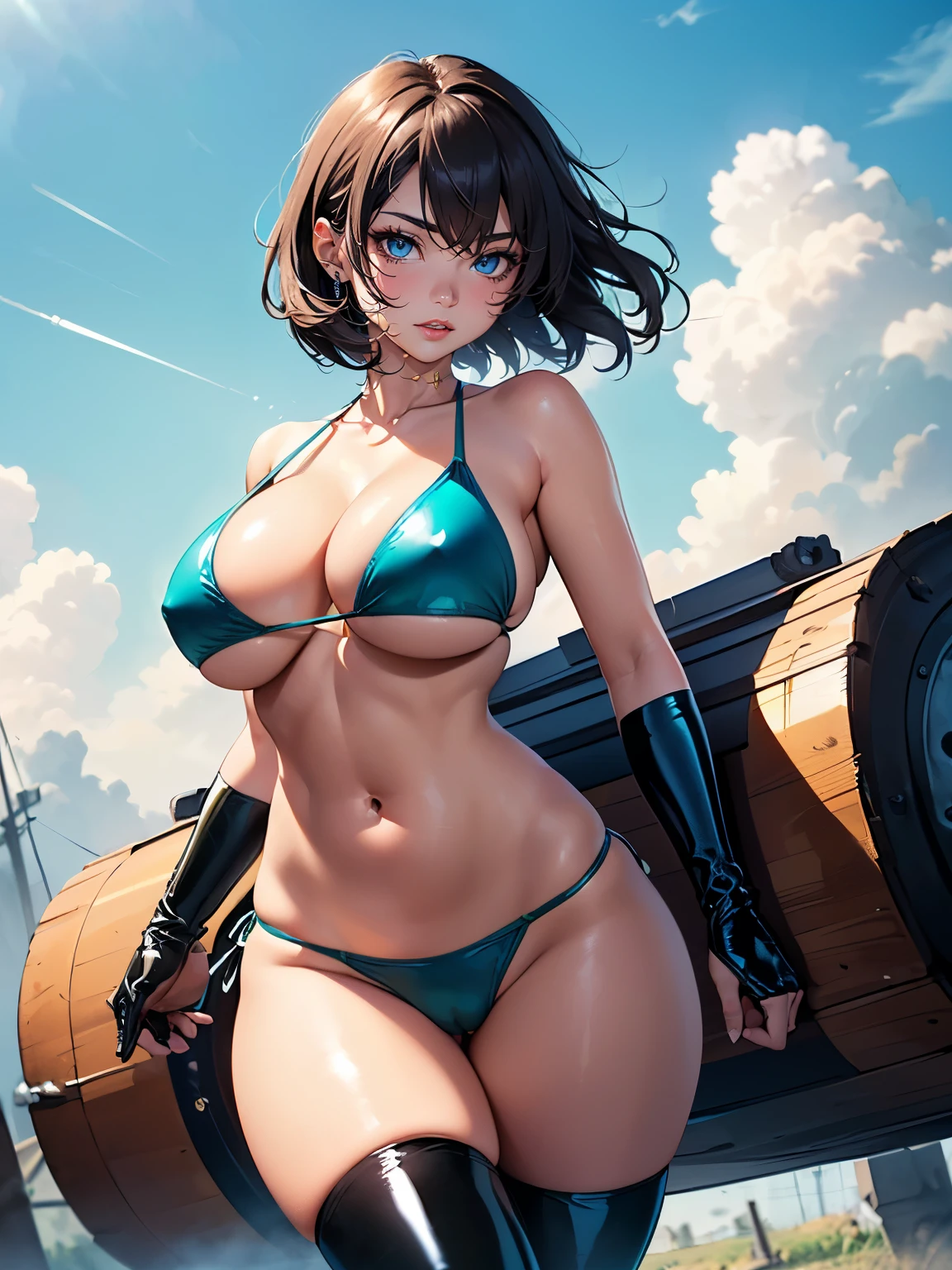 ((1 lady))、Seductive Anime Girl, Precise human body structure、((Combative posing:1.5)), ((Holding a big Heavy artillery:1.6, armament:1.3))、((dynamism:1.3))、((dynamic angle:1.2))、((Being in battle field:1.2))、seductive smile、((latex micro bikini:1.3 crop top:1.3))、((sleeveless))、((cleavage:1.3))、((crop top navel))、((highleg:1.3))、((huge breasts:1.3))、((huge hip:1.3))、((thick thighs))、curvy、((collarbone))、((cameltoe))、((Glossy realistic skin texture))、((shiny skin))、((Meticulously drawn hands:1.2))、masterpiece, ultra-detailliert, 8k, hiquality, Top image quality, Smooth texture、watercolor