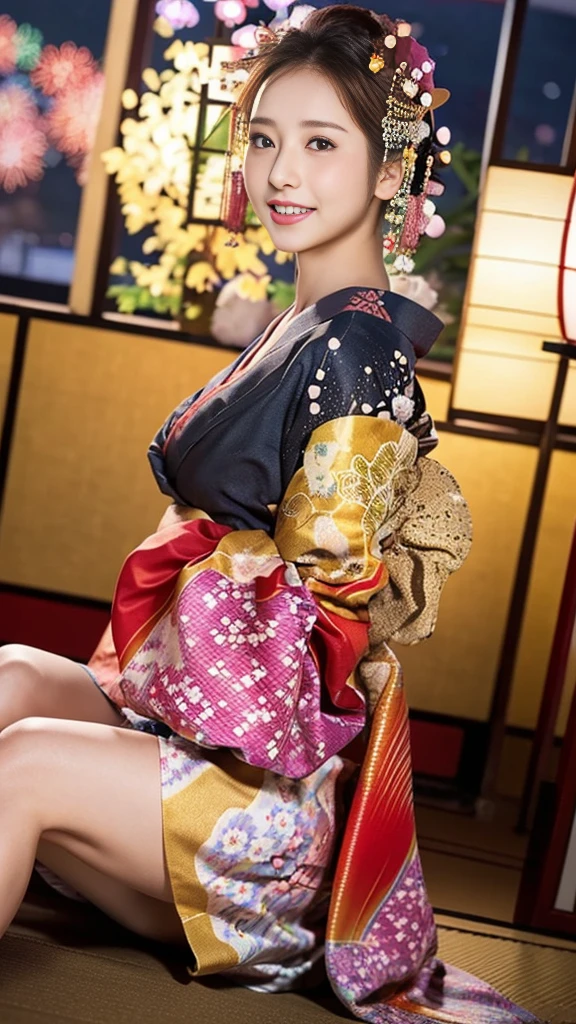 (8K、RAW Photosgraphy、Highest quality、masterpiece:1.2)、(Realistic、Realistic:1.37)、Ultra-high resolution、One Girl、cute、alone、night、Sitting、date、(Nose redness)、(Laughter:1.1)、(Closed)、Huge 、Beautiful Eyes、(short hair:1.2)、(((Fireworks bursting into the sky、night)))、(((kimono、yukata)))、Cleavage、Perfect body、Perfect Fingers、Professional Lighting、Japanese Goddess、gravure、Detailed face and skin texture、fine grain、RAW Photos