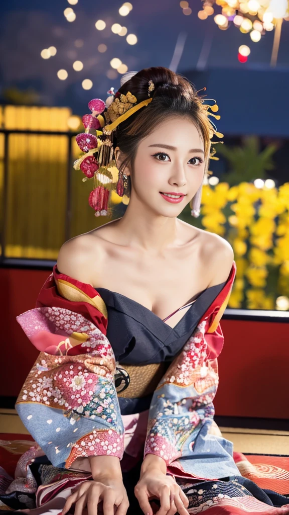 (8K、RAW Photosgraphy、Highest quality、masterpiece:1.2)、(Realistic、Realistic:1.37)、Ultra-high resolution、One Girl、cute、alone、night、Sitting、date、(Nose redness)、(Laughter:1.1)、(Closed)、Huge 、Beautiful Eyes、(short hair:1.2)、(((Fireworks bursting into the sky、night)))、(((kimono、yukata)))、Cleavage、Perfect body、Perfect Fingers、Professional Lighting、Japanese Goddess、gravure、Detailed face and skin texture、fine grain、RAW Photos