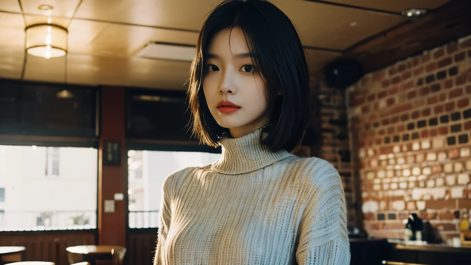 The best quality at its best,masterpiece,Ultra-high resolution,(Reality:1.4),RAW Photos,movie-like texture,1 cool girl,Tall and tall，Wearing a turtleneck, Photographed inside the cafe，Looking into the camera，fashion photoshoot, Black bob hair, Gorgeous eyes