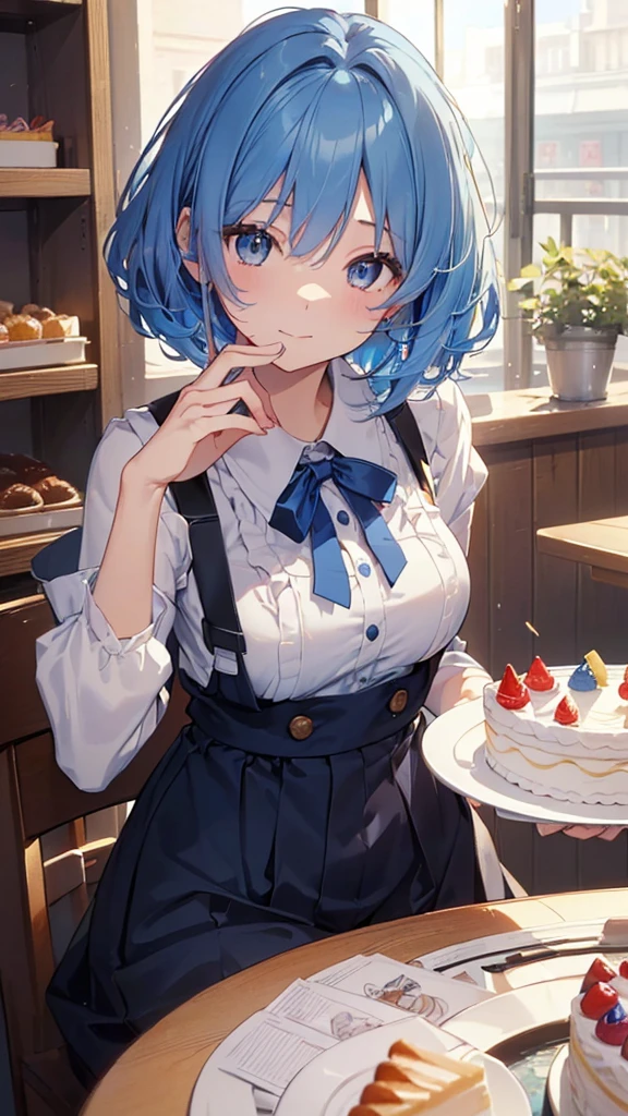 、((have a big birthday cake))、waitress、(1 girl),table top, highest quality, High resolution, masterpiece、Front facing、Close-up、Clerks in a cake shop(beautiful eyes、drawn in detail、face to detail、masterpiece side light、masterpiece、highest quality、detailed、High resolutionのイラスト),delicate makeup, (Close-up:1.2)、throw、soft focus ground bokeh、smile, break(Highest quality illustration:1.2), (pretty girl:1.1),(Highest quality illustration:1.2), (pretty girl:1.1), (1 girl:1.5, solo:1.5)、 (1 girl、18-year-old、one pose、Mature、Medium chest:1.5、super detailed eyes:1.2)、(beautiful breasts)、((blue hair:1.5))、(short hair)、(((short bob hair)))、thin waist、small ass、、超High resolution、detailed arm:1.2),break is very detailed, Complex, table top, absurd、 ((smooth texture:0.75, realistic texture:0.5, Anime CG style)),
