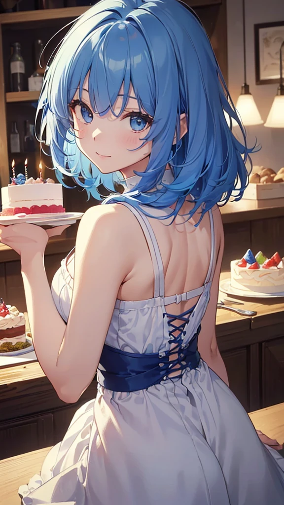 、((have a big birthday cake))、waitress、(1 girl),table top, highest quality, High resolution, masterpiece、Front facing、Close-up、Clerks in a cake shop(beautiful eyes、drawn in detail、face to detail、masterpiece side light、masterpiece、highest quality、detailed、High resolutionのイラスト),delicate makeup, (Close-up:1.2)、throw、soft focus ground bokeh、smile, break(Highest quality illustration:1.2), (pretty girl:1.1),(Highest quality illustration:1.2), (pretty girl:1.1), (1 girl:1.5, solo:1.5)、 (1 girl、18-year-old、one pose、Mature、Medium chest:1.5、super detailed eyes:1.2)、(beautiful breasts)、((blue hair:1.5))、(short hair)、(((short bob hair)))、thin waist、small ass、、超High resolution、detailed arm:1.2),break is very detailed, Complex, table top, absurd、 ((smooth texture:0.75, realistic texture:0.5, Anime CG style)),