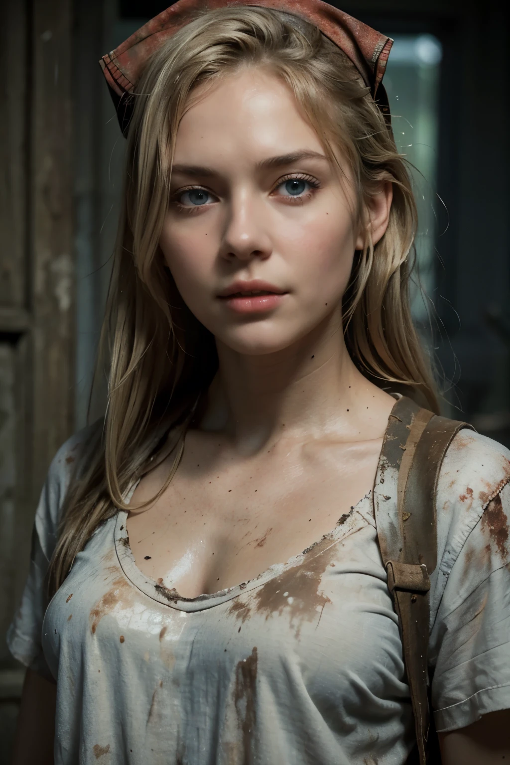 standing, facing forward, beautiful white woman in her 20s, mud, scratches on face, mud stained blonde hair and face, dirty nurse clothes, smooth skin, scared expressions, isometric details, amazingly realistic photos, blue eyes, zombie apocalypse, give me 3 images