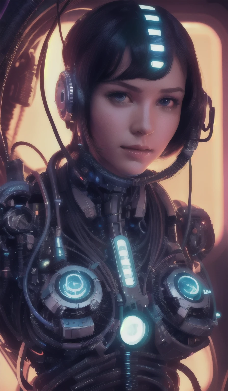 Cute cyborg girl , surrounded by cables , illustrated by Greg Rutkowski and H.R. Giger, 35mm lens, beautiful macro close-up imagery, vibrantly lush neon lighting, beautiful volumetric-lighting-style atmosphere, a futuristic atmosphere, intricate, ultra detailed, photorealistic imagery, trending on artstation, 4k, 8k