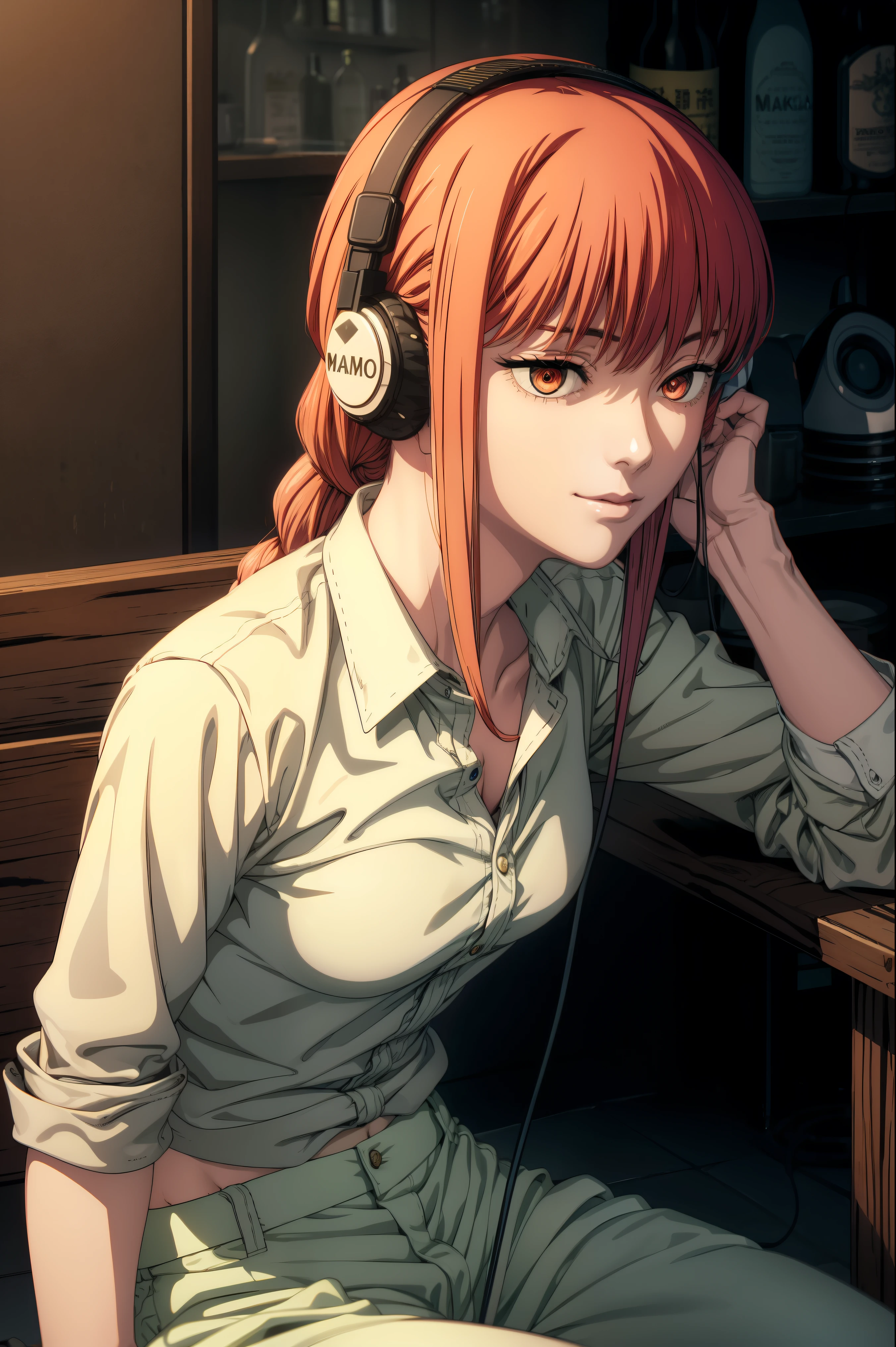 (masterpiece), best quality, expressive eyes, perfect face, makima/(chainsaw man)/, crop open shirt,v neck,bar club,white short pant, High detailed, High quality, illustration, detailed skin texture, glowing skin, headphone on head, fit body, medium breast, medium thighs, makima, ringed eyes, long hair, braided ponytail,listening music,enjoying,seductive smile,nsfw