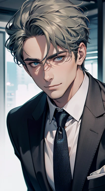 (best quality,4k,8k,highres,masterpiece:1.2),ultra-detailed,(realistic,photorealistic,photo-realistic:1.37),1 man,31 years old,mature man,very handsome,without expression,smile,short grey green hair,blue eyes,penetrating gaze,perfect face without errors,imposing posture,businessman,office background,cinematic lighting,hdr image