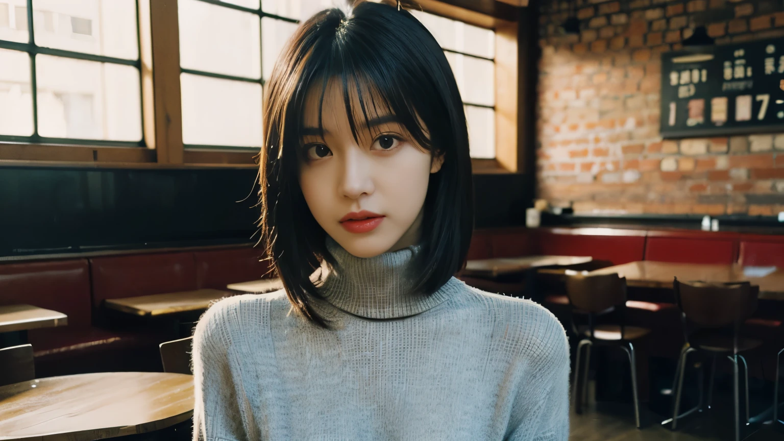 The best quality at its best,masterpiece,Ultra-high resolution,(Reality:1.4),RAW Photos,movie-like texture,1 cool girl,Tall and tall,Wearing a turtleneck, Photographed inside the cafe,Looking into the camera,fashion photoshoot, Black bob hair, Gorgeous eyes