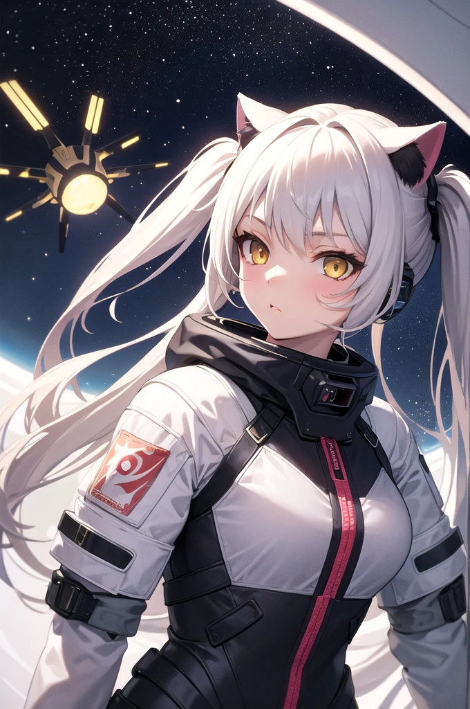 masterpiece, Highest quality, One girl, Inside the spaceship, Spacesuit, Upper Body, From the side, sf, Yellow Eyes, Twin tails, Silver Hair, Cat ear, View your viewers,