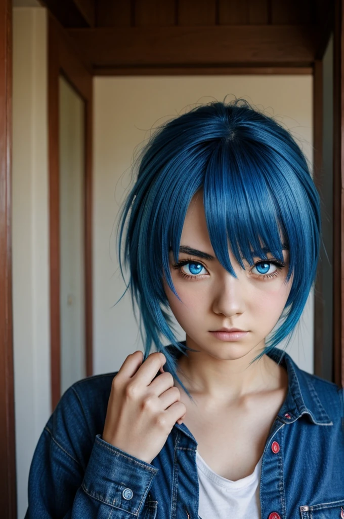 Anime girl with blue hair, red eyes, old clothes, and a serious face.