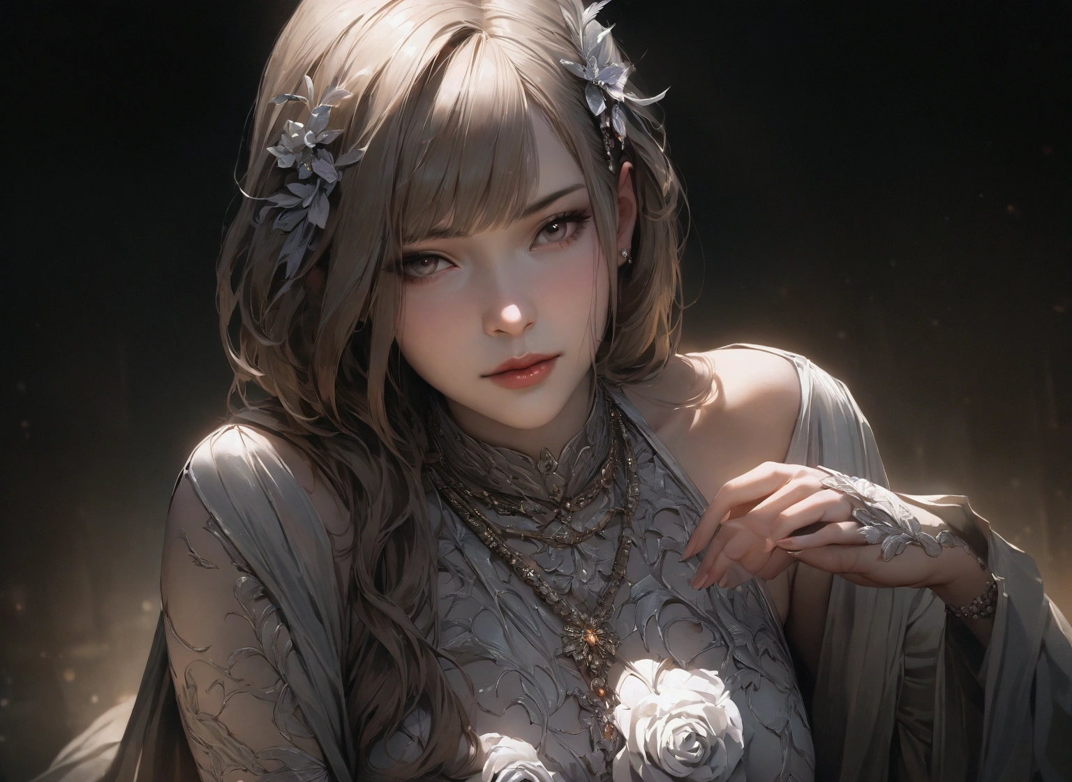 最high quality, masterpiece, High resolution, One girl, Porcelain Dress, hair accessory, necklace, jewelry, Beautiful Face, On the body, Tyndall effect, Realistic, Dark studio, Edge lighting, Two-tone lighting, (Skin with attention to detail: 1.2), 8k UHD, Digital SLR, Soft Light, high quality, Volumetric Light, Frank, photograph, High resolution, 4K, 8k,