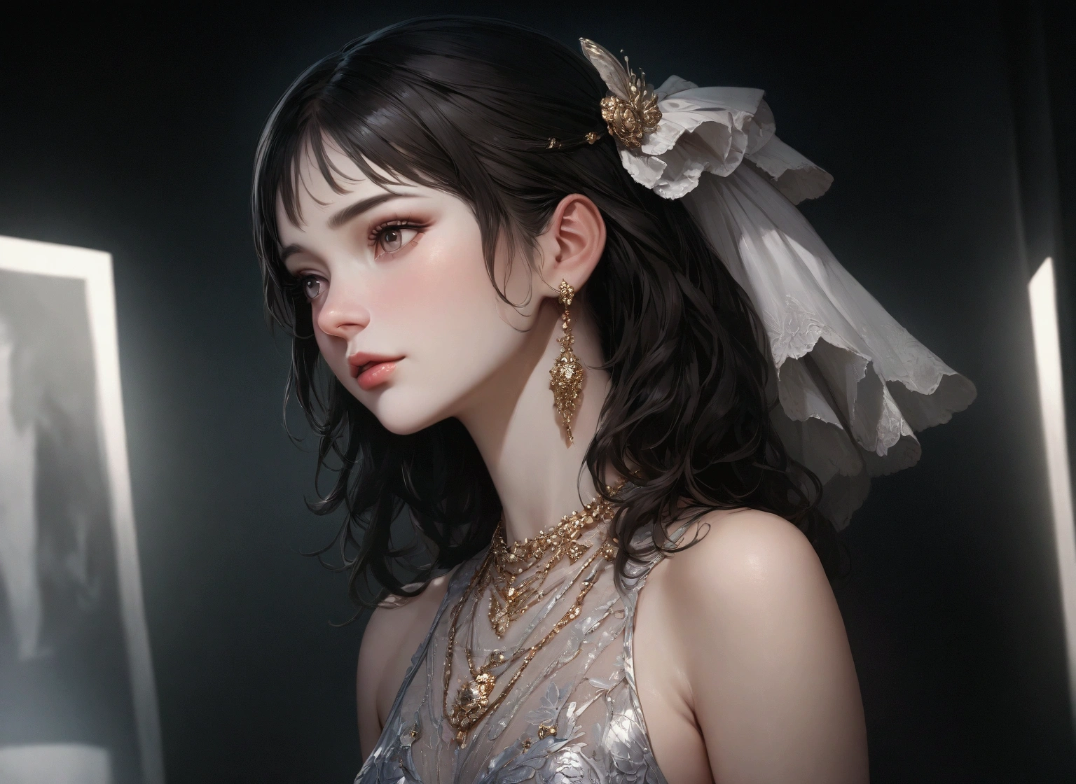 最high quality, masterpiece, High resolution, One girl, Porcelain Dress, hair accessory, necklace, jewelry, Beautiful Face, On the body, Tyndall effect, Realistic, Dark studio, Edge lighting, Two-tone lighting, (Skin with attention to detail: 1.2), 8k UHD, Digital SLR, Soft Light, high quality, Volumetric Light, Frank, photograph, High resolution, 4K, 8k,