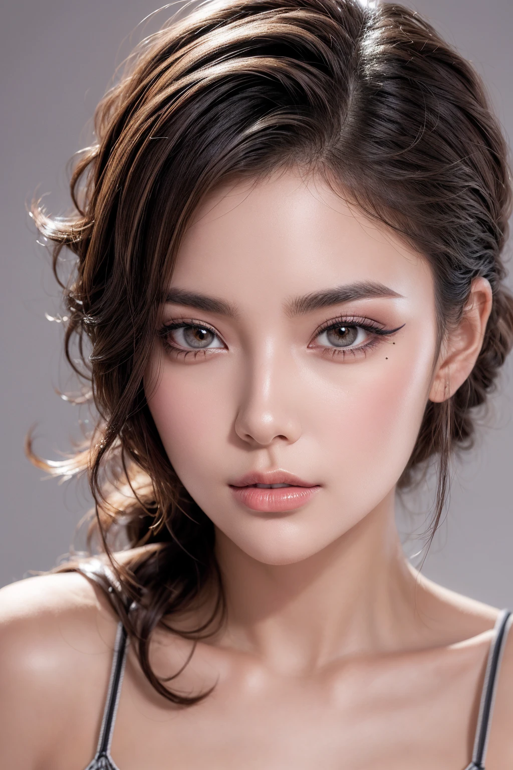 1 woman:1.4, 20-year-old, photorealistic Realism 8K Quality (Ultra high res Realistic eyes clear sharp absurd quality not blurry\.) face:makeup[(eyes|brown:1.3), (lips|red:1.3):(eyeshadows|dark:1.3)],\ Makeup:1.2, (soft neon lighting on the face and body)),(perfect proportions),(anatomically correct),(perfect female body:1.4),(firm normal full breasts),slim face,beautiful cheekbones,((slim-muscled body:1.24)),(Super beautiful face),(realistic face),(highly detailed face:1.5),(ultra details eyes), finely details face,finely quality eyes,(tired and sleepy and satisfied:0.0) with a digital rendering) final details(perfect round eyes,pupils,double eyelid. (Proportions are based on a 7.5 head scale).