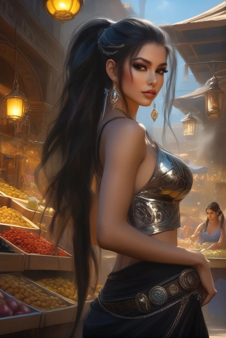 By Alan Paterson inspired by Luis Royo, Pino Daeni, Wadim Kashin, Gil Elvgrin, and Jorge Jimenez. Portrait front vegeta sexy + Avril Lavigne standing in a mystical marketplace, with silver black hair in a flowing ponytail, in a dynamic pose, she is holding a glass of bubbling potion out to the viewer, in the background are busy vendors, and magical light and smoke from the various market stalls. trending on artstation, sharp focus, studio photo, intricate details, highly detailed, 