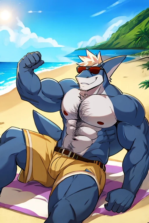 Muscular and hairy shark , Sunglasses, on the beach