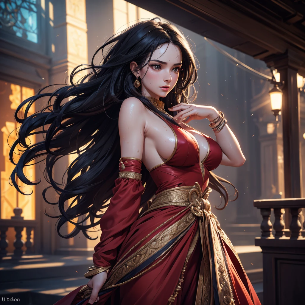 1 beautiful hot and sexy ozbek princess, fitted red sharara, long wavy black hair, pale skin, visible entire body covered glistening sweat, visible sweat dripping armpits, large breasts visible, visible nipples, detailed facial features, (best quality,4k,8k,highres,masterpiece:1.2),ultra-detailed,(realistic,photorealistic,photo-realistic:1.37),HDR,UHD,studio lighting,ultra-fine painting,sharp focus,physically-based rendering,extreme detail description,professional,vivid colors,bokeh,portrait