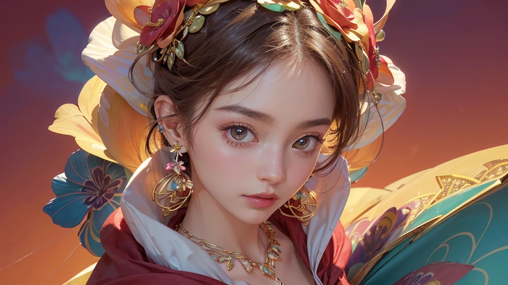 32K, 最高quality, 最高masterpiece, (ultra-Detailed Background, Detailed Background), High resolution, Super detailed, Very detailedな, One girl, (bouquet:1.3), (Tangled:1.2), (Geometric:1.2),(colorful),(masterpiece, quality, best quality, Official Art, Beautiful and beautiful:1.2), (1 girl:1.3), Very detailed,(colorful:1.1)(Flowers:1.3),Most detailed,(Tangled:1.2), whole body, (Abstract background:1.3), (Skin glows), (Many colors:1.4), ,(Earrings Jewelry:1.5), Pale Red Background,
