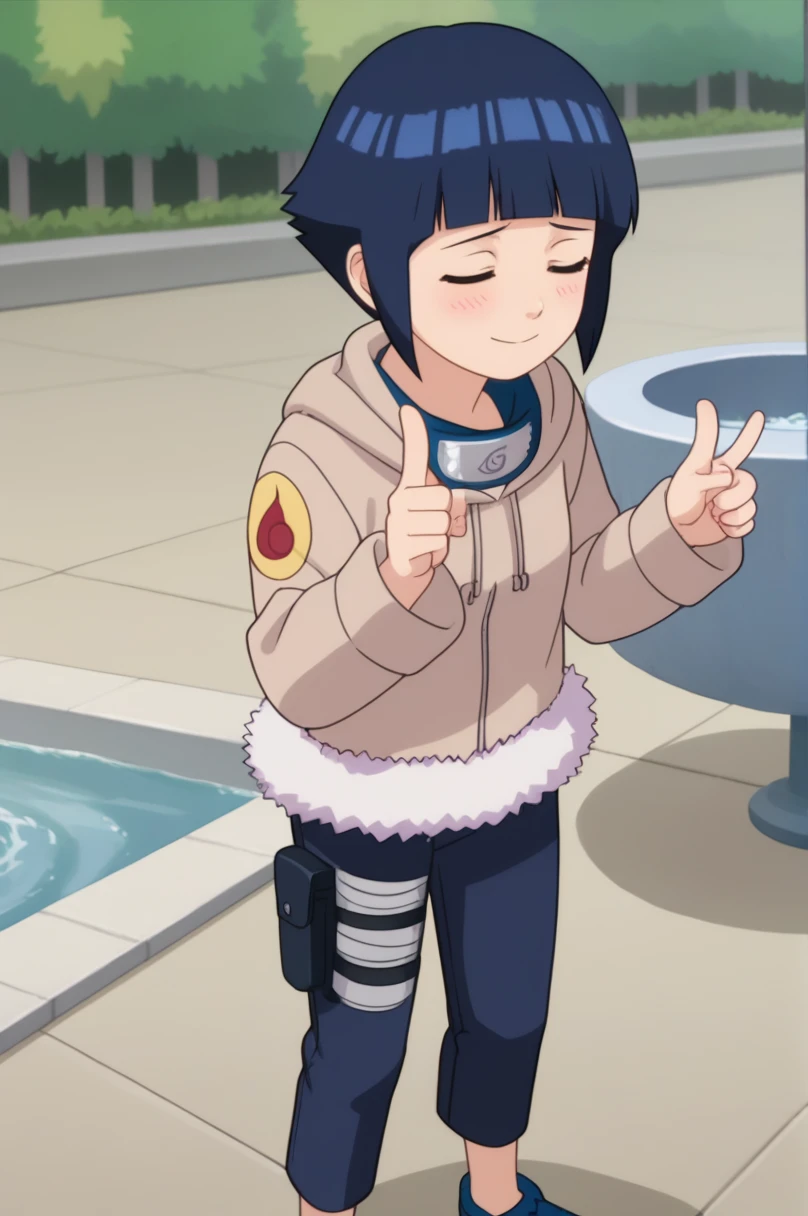 score_9, score_8_above,fountain_cheered up,
 short hair, dark blue hair, 1 girl, blunt bangs, shiny hair, hoodie, Alone, hood down, long sleeves, looking to the side,shy, blush, leather trim, capri pants, standing, SMILE, Closed mouth,standing, cowboy shot, Sales, thigh holster,symbol of konohagakure, forehead protector,nod,double thumbs above, Closed eyes, 
outdoor, forest,
cheered up screencap, cheered up coloring,