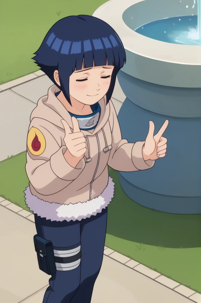 score_9, score_8_above,fountain_cheered up,
 short hair, dark blue hair, 1 girl, blunt bangs, shiny hair, hoodie, Alone, hood down, long sleeves, looking to the side,shy, blush, leather trim, capri pants, standing, SMILE, Closed mouth,standing, cowboy shot, Sales, thigh holster,symbol of konohagakure, forehead protector,nod,double thumbs above, Closed eyes, 
outdoor, forest,
cheered up screencap, cheered up coloring,