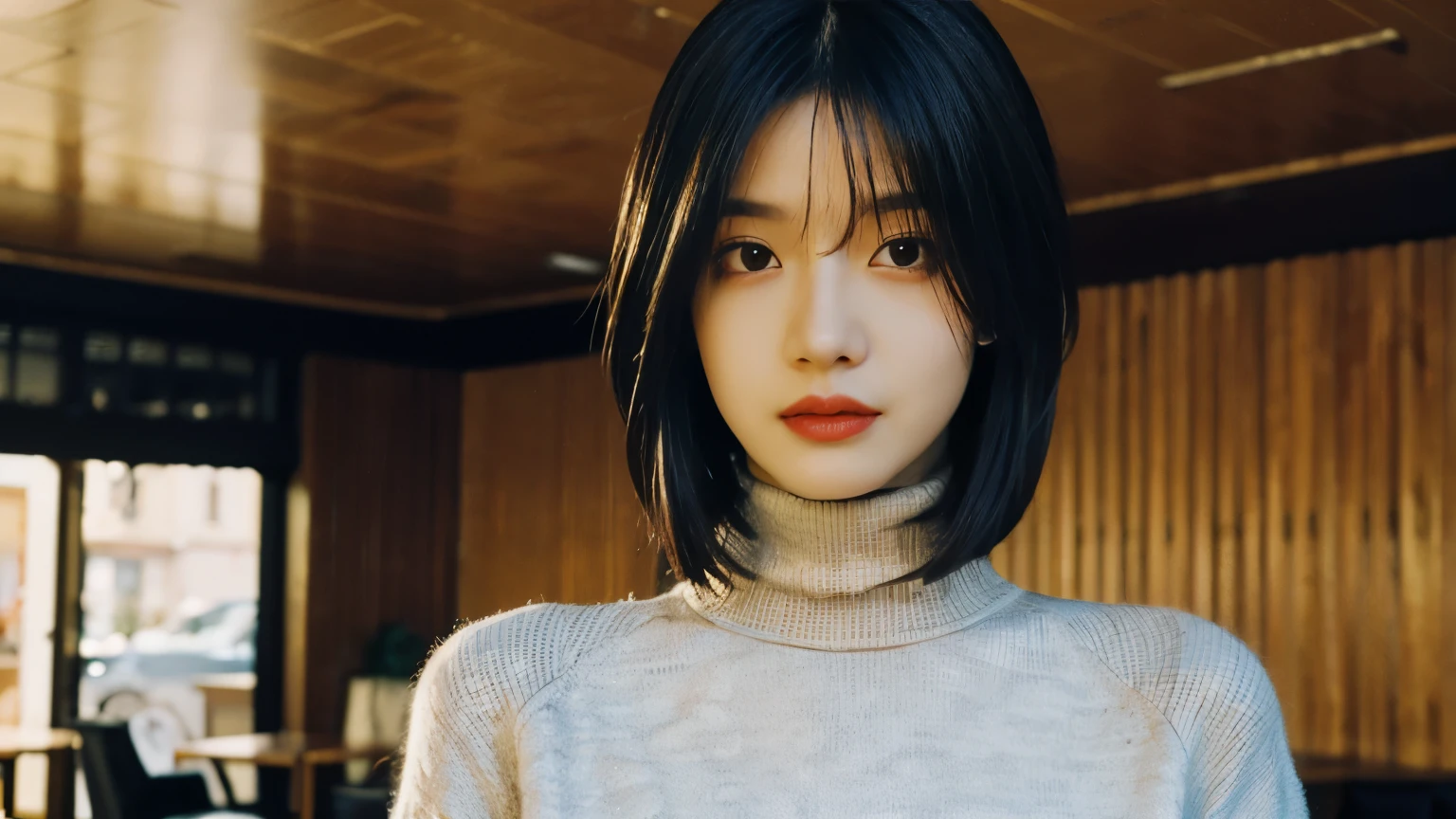 The best quality at its best,masterpiece,Ultra-high resolution,(Reality:1.4),RAW Photos,movie-like texture,1 cool girl,Tall and tall,Wearing a turtleneck, Photographed inside the cafe,Looking into the camera,fashion photoshoot, Black bob hair, Gorgeous eyes