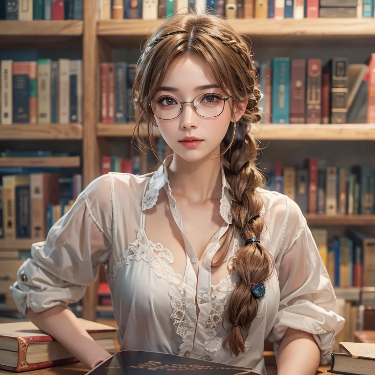 librarian、Clean look、White blouse、Tight Skirt、Glasses(masterpiece:1.3), (8k, Realistic, RAW Photos, Best image quality: 1.4), Japanese 、26 years old,(Random Hairstyles:1.2)、Cleavage:1.2、Highly detailed face、Attention to detail、double eyelid、Chest to chest、Sharp focus:1.2、Beautiful woman:1.4、Light brown hair、Highest quality、masterpiece、Ultra-high resolution、(Realistic:1.4)、Highly detailed and professionally lit smiles、She is looking for a book、Braiding、Remember