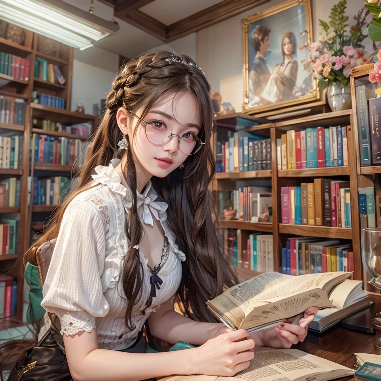 librarian、Clean look、White blouse、Tight Skirt、Glasses(masterpiece:1.3), (8k, Realistic, RAW Photos, Best image quality: 1.4), Japanese 、26 years old,(Random Hairstyles:1.2)、Cleavage:1.2、Highly detailed face、Attention to detail、double eyelid、Chest to chest、Sharp focus:1.2、Beautiful woman:1.4、Light brown hair、Highest quality、masterpiece、Ultra-high resolution、(Realistic:1.4)、Highly detailed and professionally lit smiles、She is looking for a book、Braiding、Remember