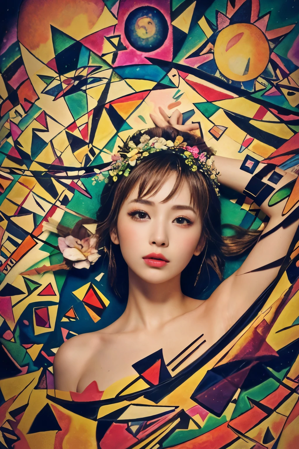 
((masterpiece:1.4, Highest quality)), (Realistic photos:1.4), (artwork),
((1 girl)), (Otherworldly beauty), (dream-like),
(超High resolution:1.2), Very delicate and beautiful, wonderful, Very detailedな CG Unity 8k 壁紙, Very detailed, High resolution, 
Soft Light, Beautiful detailed girl, Very detailedな目と顔, Beautiful and exquisite nose, Beautiful and exquisite, 
Cinema Lighting, Perfect Anatomy, Slender body, (Parted bangs),
(The Birth of Venus:1.5), (Abstract background with Kandinsky-style design:1.5),
Cowboy Shot