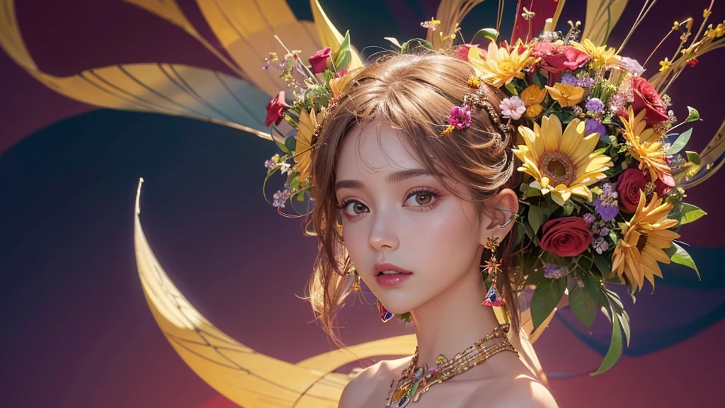 32K, 最高quality, 最高masterpiece, (ultra-Detailed Background, Detailed Background), High resolution, Super detailed, Very detailedな, One girl, (bouquet:1.3), (Tangled:1.2), (Geometric:1.2),(colorful),(masterpiece, quality, best quality, Official Art, Beautiful and beautiful:1.2), (1 girl:1.3), Very detailed,(colorful:1.1)(Flowers:1.3),Most detailed,(Tangled:1.2), whole body, (Abstract background:1.3), (Skin glows), (Many colors:1.4), ,(Earrings Jewelry:1.5), Pale Red Background,