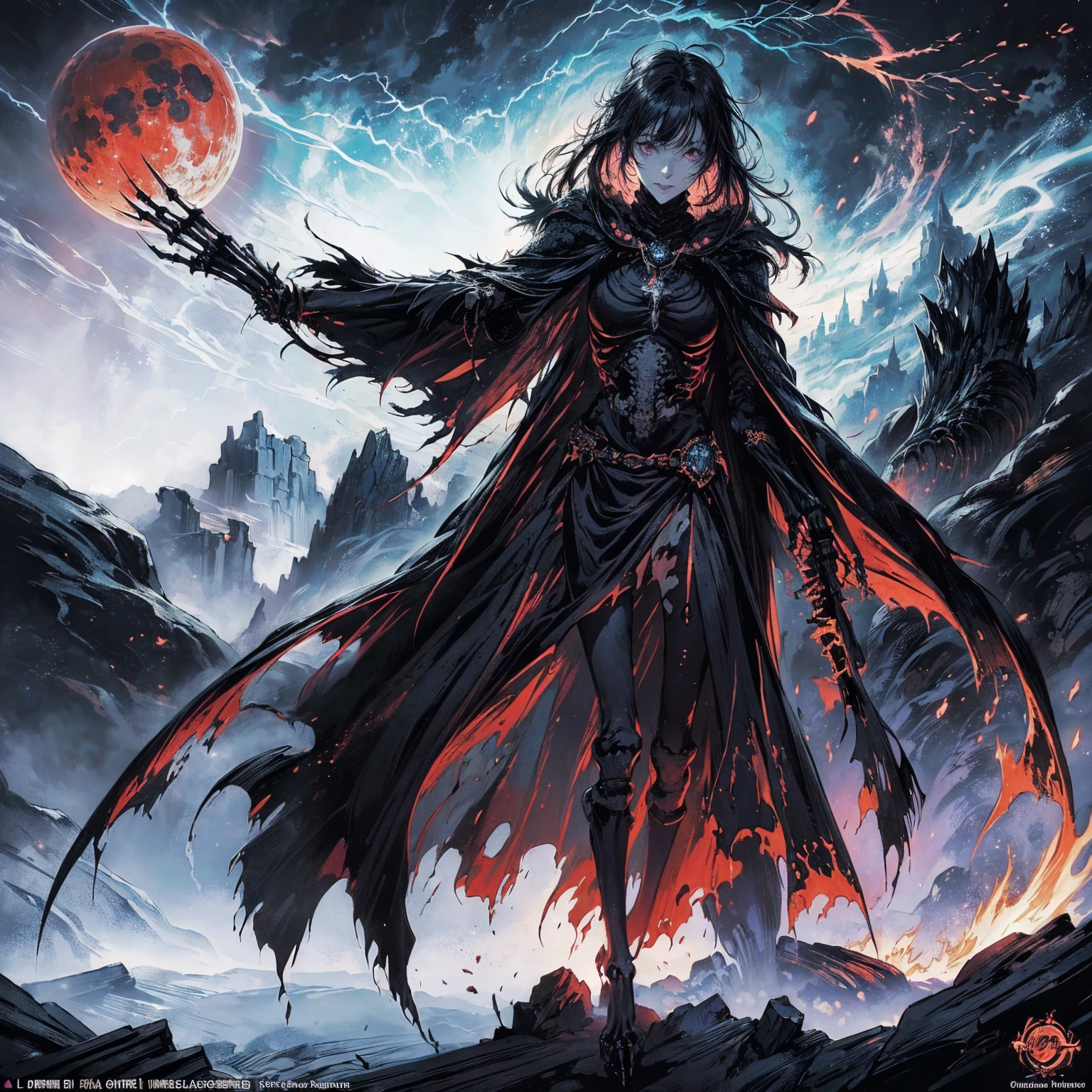 (full body shot:1.5), (Wide-angle lens:1.2), (black hair:1.5), best quality, 4K, high resolution, (masterpiece:1.2), Very detailed, (current:1.37), (Anatomically correct:1.2), Mood lighting, Undead girl in a long cloak, (Torso and limb is skeleton bone but head is still beautiful human face:1.2), Wearing a tattered gothic skirt, A sense of alienation, Dangerous sneer, Smiling and crying, Dark Force (StarWar), Force lightning radiates from fingertips, Facing the camera, Pitch black sky, Blood red moon, strange atmosphere, Gothic style, Unforgettable beauty, Dramatic shadows, Ethereal Light, Mysterious atmosphere, Resurrection from the grave, The Black Magic, Dead, Anime characters with black hair, Detailed cover design, Anime epic artwork, detailed key anime art, Be focused, dark fantasy artwork, Anime Fantasy Artwork, Official artwork with high detail, Dark Witch Panorama, Lich Vecna (d&d)