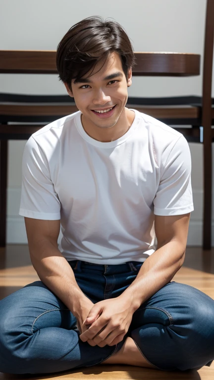 solo , 1man , thai man Sitting , white shirt , black jeans , happy , sit
