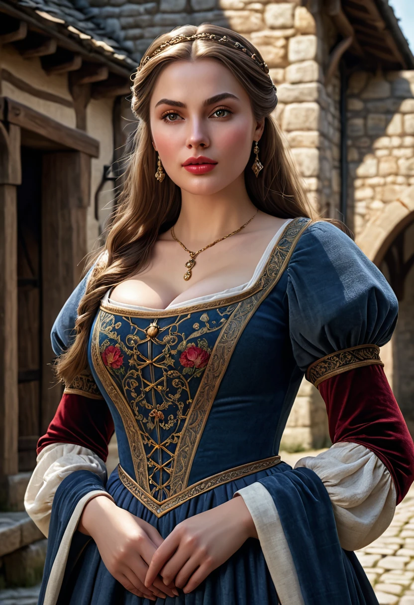 1 woman, medieval princess, plump lips, absolutely beautiful face, large breasts, wide hips, detailed skin, skin detail, medieval dress, (best quality,4k,8k,highres,masterpiece:1.2),ultra-detailed,(realistic,photorealistic,photo-realistic:1.37),dramatic lighting, village setting