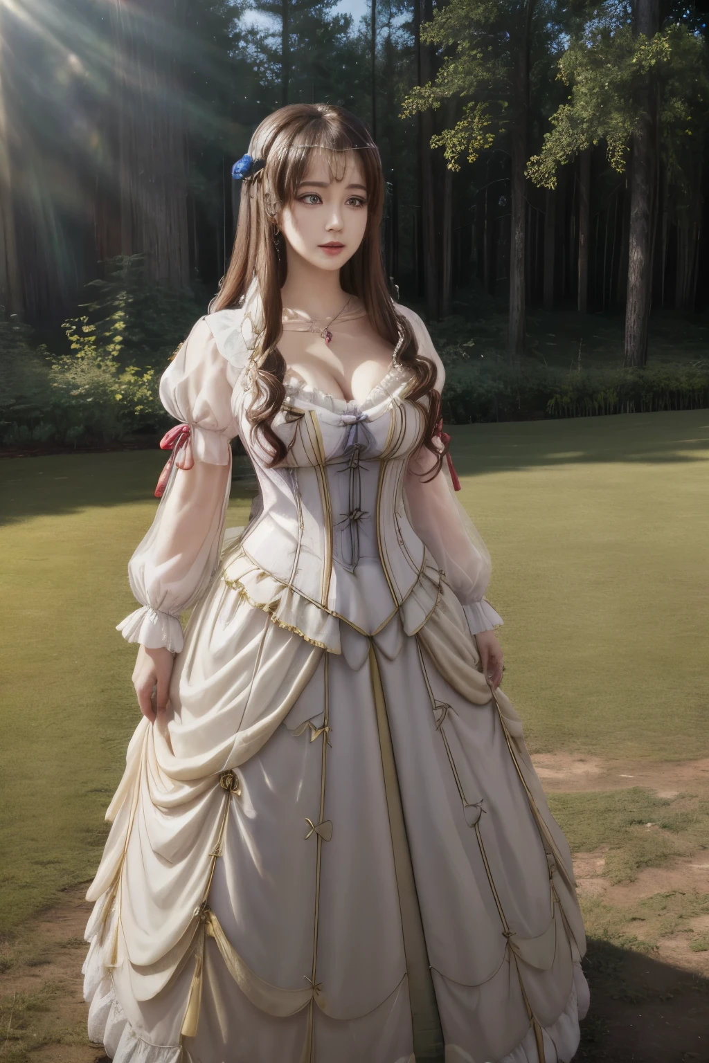 ((masterpiece, high quality, highres,))
outdoors, forest, sky, 
mariae, dress, cleavage,  