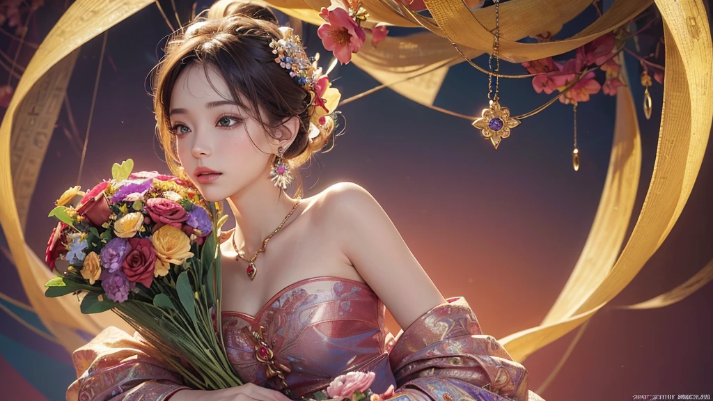 32K, 最高quality, 最高masterpiece, (ultra-Detailed Background, Detailed Background), High resolution, Super detailed, Very detailedな, One girl, (bouquet:1.3), (Tangled:1.2), (Geometric:1.2),(colorful),(masterpiece, quality, best quality, Official Art, Beautiful and beautiful:1.2), (1 girl:1.3), Very detailed,(colorful:1.1)(Flowers:1.3),Most detailed,(Tangled:1.2), whole body, (Abstract background:1.3), (Skin glows), (Many colors:1.4), ,(Earrings Jewelry:1.5), Pale Red Background,