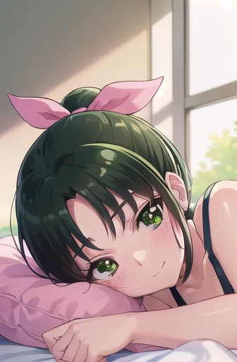 naomidorikawa, Nao Midorikawa, short hair, (Green Eyes:1.3), ponytail, Green Hair, ribbon, hair ribbon, smile, Thighs、Bed、blush、Shame face、(((Cute pink bra:1.3、Cute pink panties)))、break indoors,classroom、(((Bedに寝る)))、
break looking at viewer, Sexy pose、
break (masterpiece:1.2), Highest quality, High resolution, unity 8k wallpaper, (figure:0.8), (Beautiful attention to detail:1.6), Highly detailed face, Perfect lighting, Highly detailed CG, (Perfect hands, Perfect Anatomy),