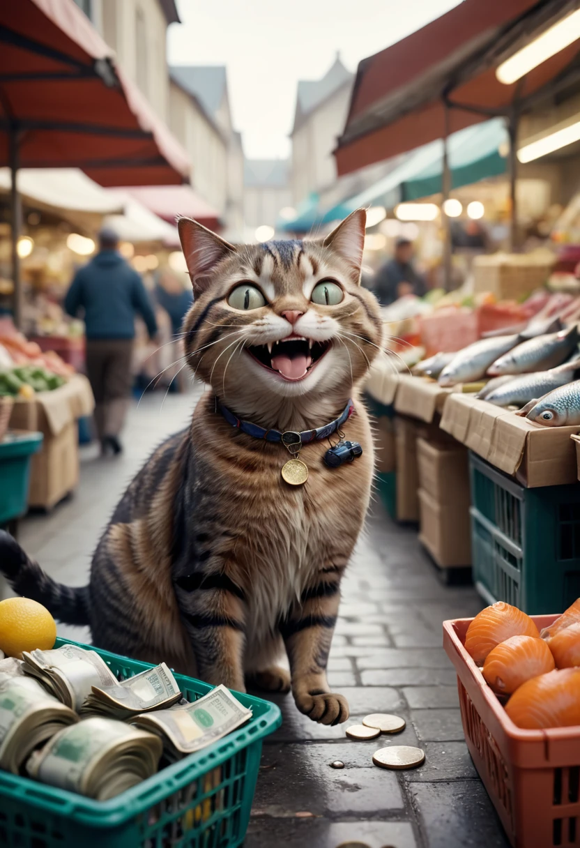 A still from a film where a cat buys a fish with money in its paws, Laughing while shopping at the market. Shallow depth of field,  Vignette,  Very detailed,  High budget,  Bokeh,  CinemaScope,  Sulky,  amazing,  nice,  Film Grain,  granular