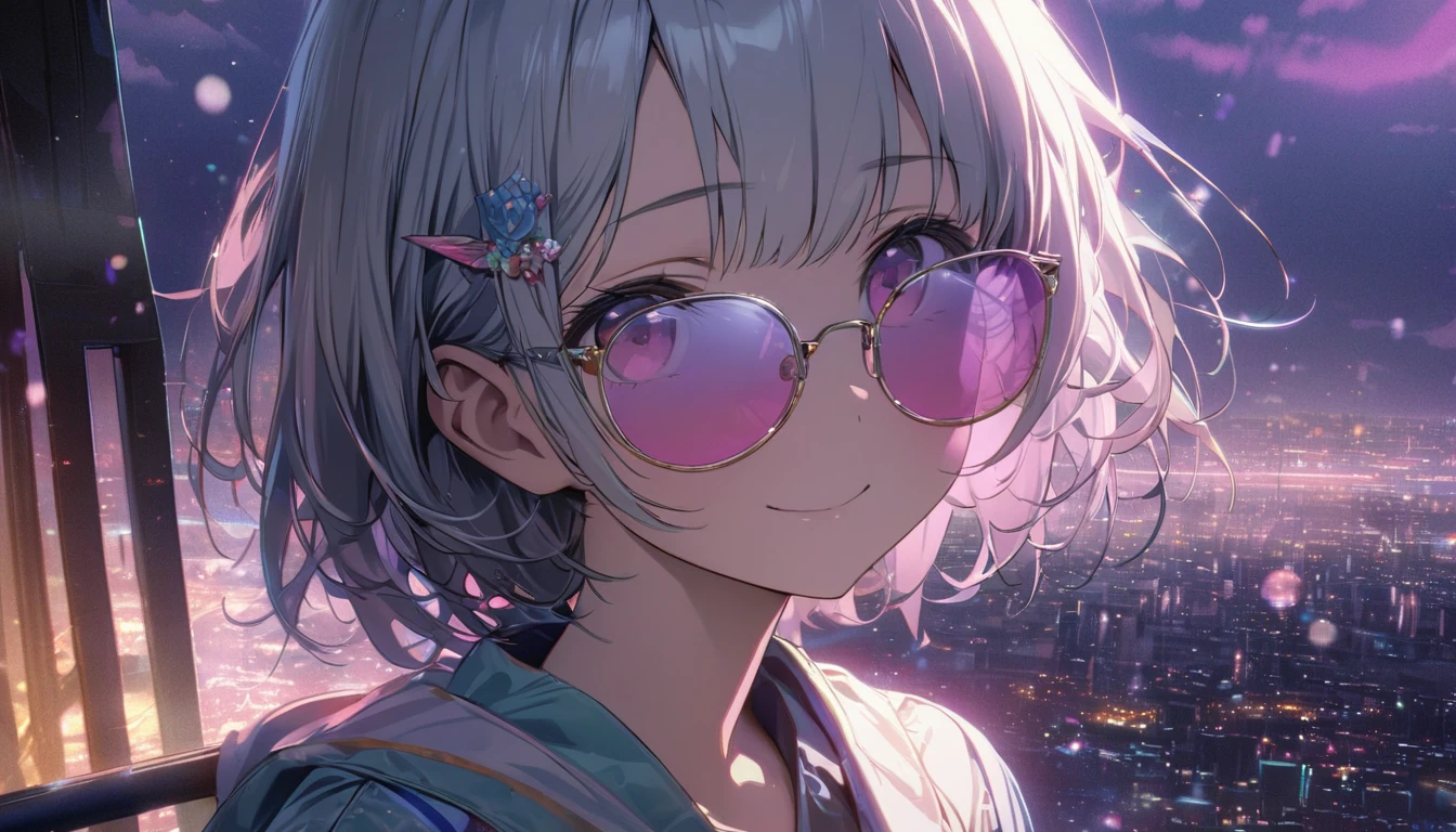 one girl, silver short hair and bob hair、I tied my hair in a bun with a hair clip..、beautiful pink eyes、smile、gentle smile on her face、flat chest, one Beautiful girl,((masterpiece, illustration, best quality) ((ultra-detailed))\, a girl wearing sunglasses (sunglasses), Behind is the cityscape in the evening. There are twinkling lights of the city amidst the blue, blue, and purple sky. Cool girls stand on high balconies or bridges. Looking out at the city with a confident and calm expression. The colors of the picture emphasize the dramatic tone. close up to the face 濃い青とBeautiful Blueのグラデーション, High resolution, 8K HD detail, hyper-detail, cinematic, surrealism, soft light, deep field focus bokeh, ray tracing and surrealism. --v6