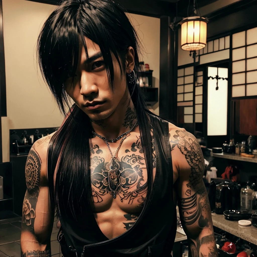1 man, Japanese man, male, Asian eyes, muscular, broad shoulders, yakuza tattoos, hairstyle Visual Kei style, hair Visual Kei, black men's shirt and black pants, ultra detailed face, hyperrealistic, realistic representation, long hair, long hair, 30 years old, age 30 years, blonde hair